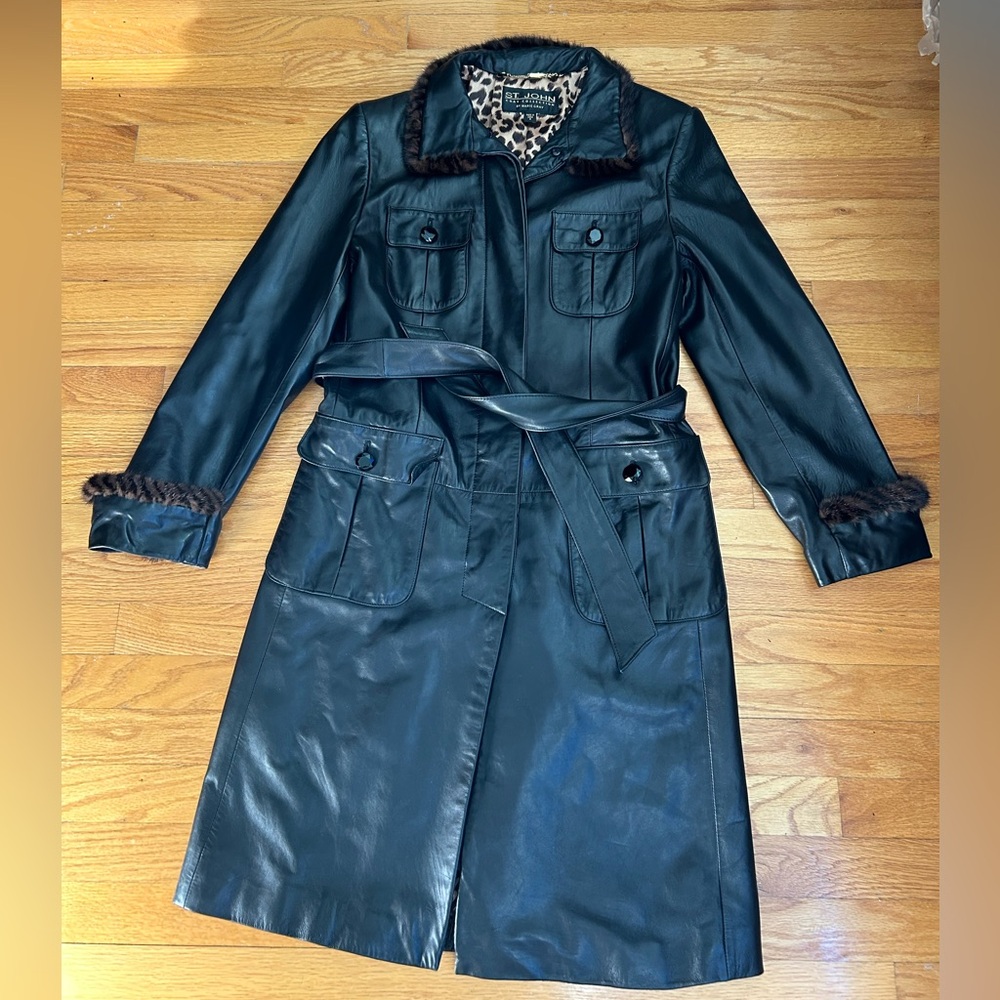 St. John Genuine Leather Trench Coat with Mink Fur Collar